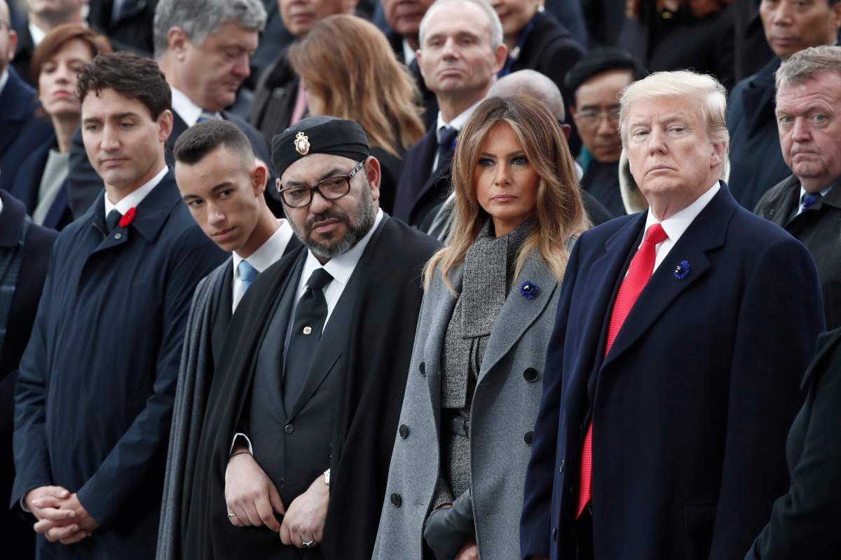 President Donald Trump, first lady Melania Trump, Morocco’s King Mohammed VI, his son Crown Prince Moulay and Canadian Prime Minister Justin Trudeau, left, attend a commemoration ceremony for Armistice Day, 100 years after the end of the First World War at the Arc de Triomphe in Paris, France, Sunday, Nov. 11, 2018.