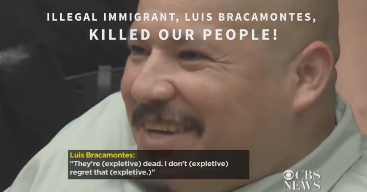 Screengrab of a Donald Trump ad that juxtaposes a man named Luis Bracamonte against images of a migrant caravan.