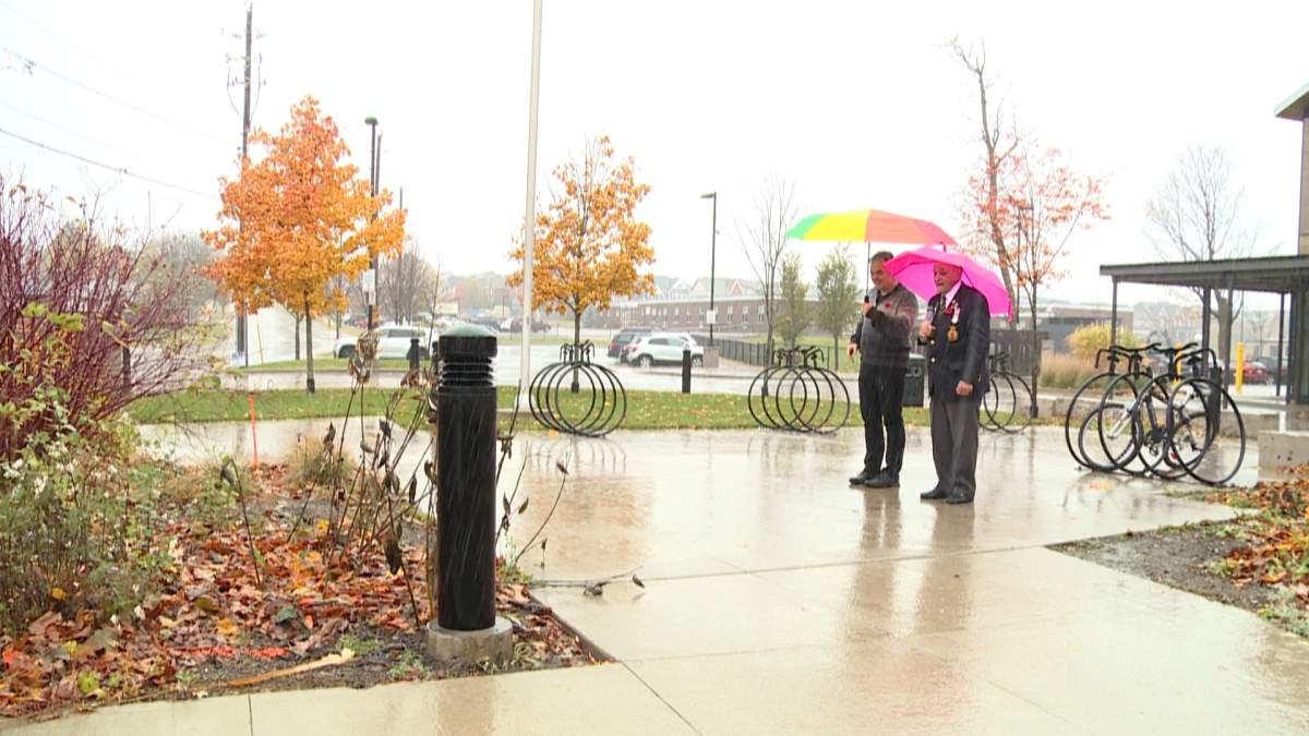 Bert Harding of the Royal Canadian Legion, branch 152 explains to Brooklin resident Bill Windrem where they want to move future Remembrance Day services and erect a cenotaph.