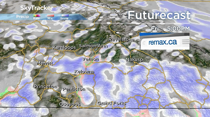 Valley snow is possible early and later in the day in the Central Okanagan on Friday.