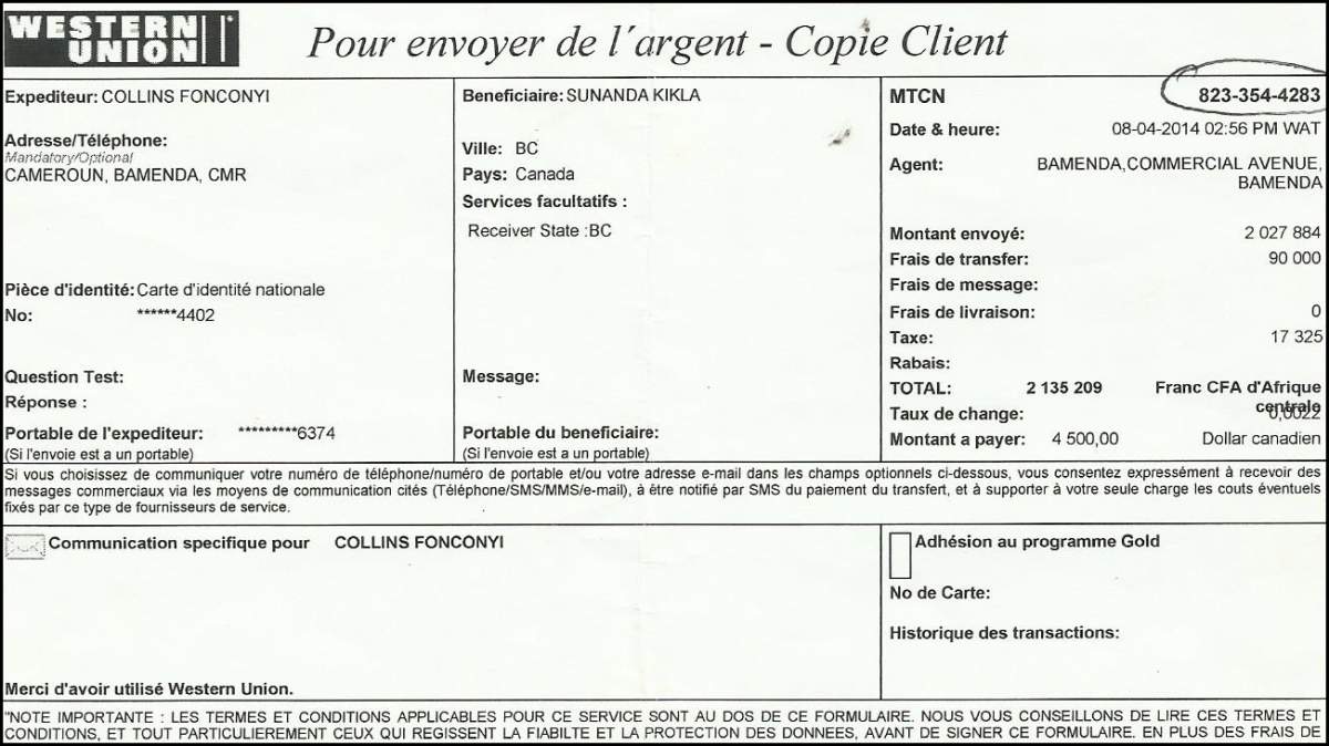 Copy of Western Union money transfer sent from Fonconyi Collins to Sunanda Kikla in April 2014.