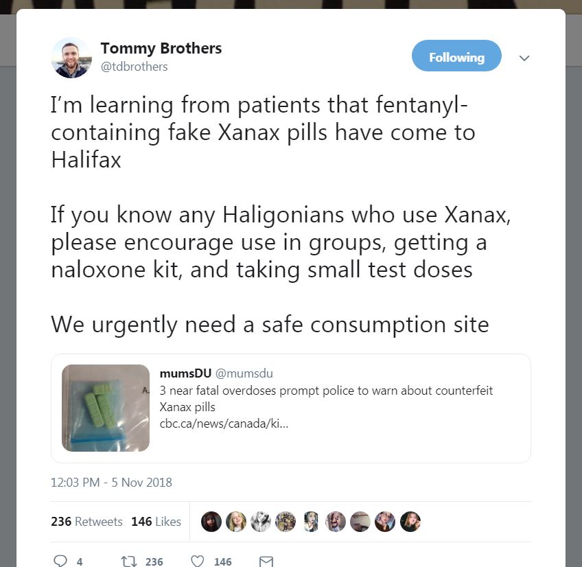 An internal medicine resident in Halifax is warning of the potential of fake Xanax pills being cut with fentanyl.