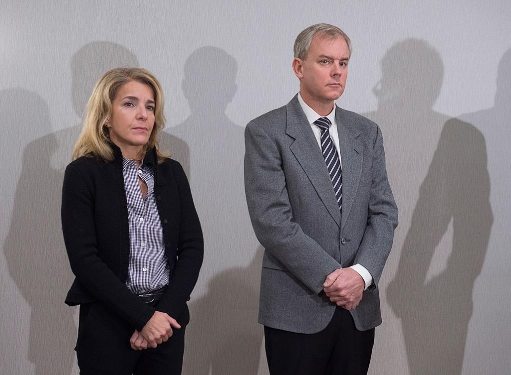 Dennis Oland and his wife Lisa attend a news briefing by their legal team in Saint John, N.B., on Tuesday, Nov. 20, 2018.