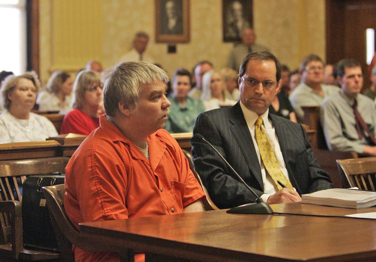 In this June 1, 2007 file photo, Steven Avery, left, appears during his sentencing as his attorney Jerome Buting listens at the Manitowoc County Courthouse in Manitowoc, Wis.