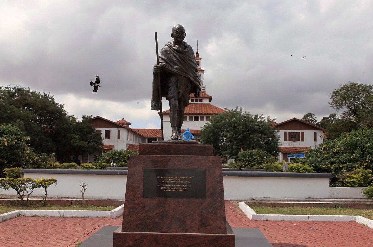 FILE- In this Thursday, Sept. 22, 2016 file photo, a statue of Indian independence leader Mohandas Gandhi in Accra, Ghana.