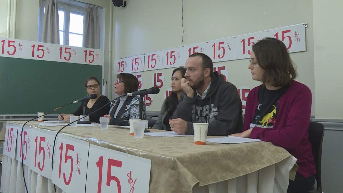 Groups asking for a $15 an hour miminum wage for Quebec during a press conference Sunday December 2, 2018.