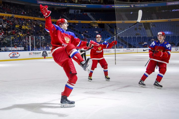 Russia’s Klim Kostin celebrates his goal during first period IIHF World Junior Championship preliminary hockey action against Sweden, in Buffalo, N.Y., Sunday, December 31, 2017.