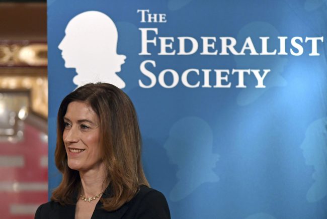 Rachel Brand addresses the Federalist Society luncheon in Washington, Feb. 15, 2018.