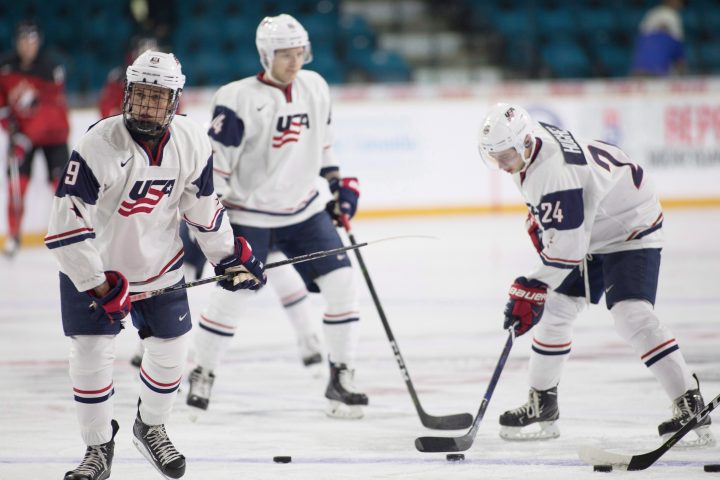 Team USA Jack Quinn, left, along with his brother Quinn Hughes,24 , take part in the during pre-game skate at the Sandman Centre in Kamloops, B.C. on Tuesday July 31, 2018. World Junior Showcase is an eight-day event featuring Canada, Finland, Sweden, and the United States, who will play 11 games.