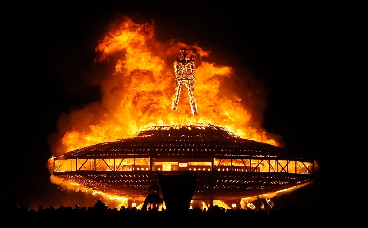 FILE - In this Aug. 31, 2013 file photo, the "Man" burns on the Black Rock Desert at Burning Man near Gerlach, Nev.