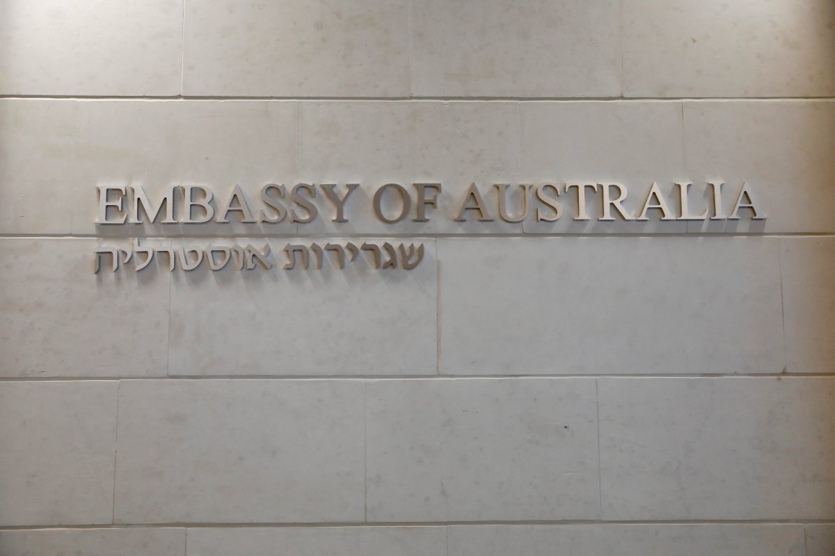 A sign at the entrance to the Australian Embassy offices of in Tel Aviv, Israel, 21 October 2018.