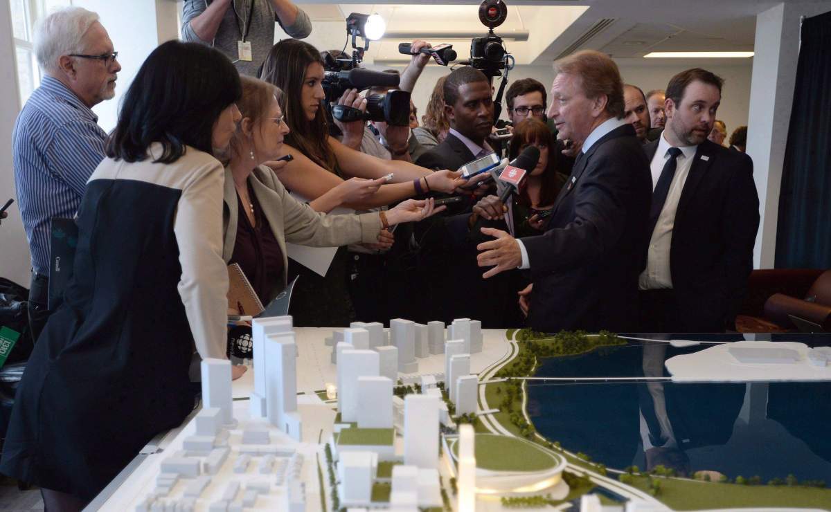 Ottawa Senators owner Eugene Melnyk speaks to the media following the National Capital Commission approving the results from an evaluation committee regarding the LeBreton Flats redevelopment in Ottawa on Thursday, April 28, 2018.