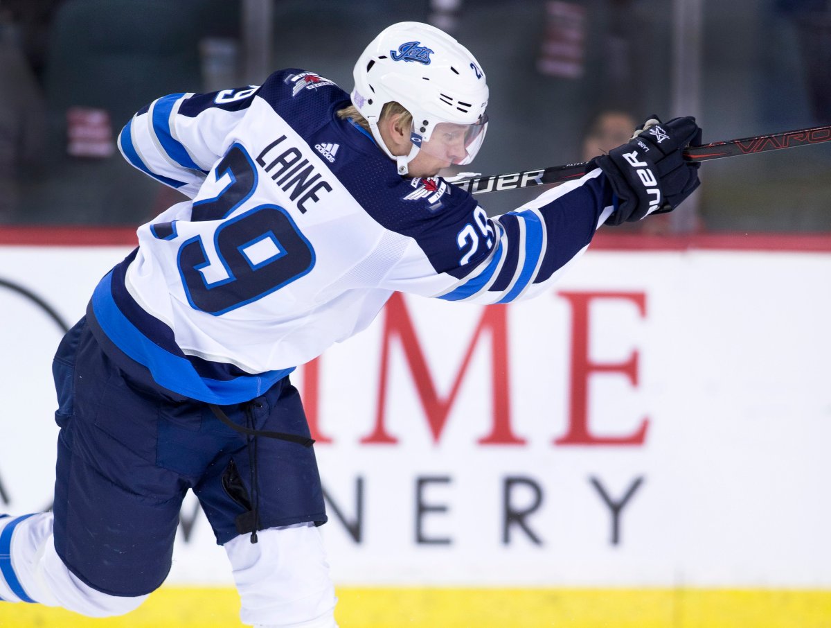 Winnipeg Jets player Patrik Laine, from Finland, during a game against the Calgary Flames in Calgary, Ab.
