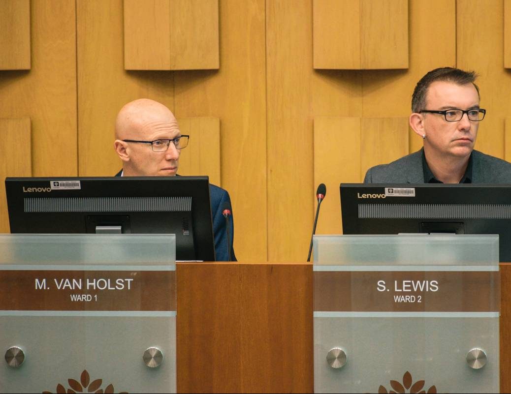 Councillors Michael van Holst and Shawn Lewis during a committee meeting on Dec. 4, 2018.