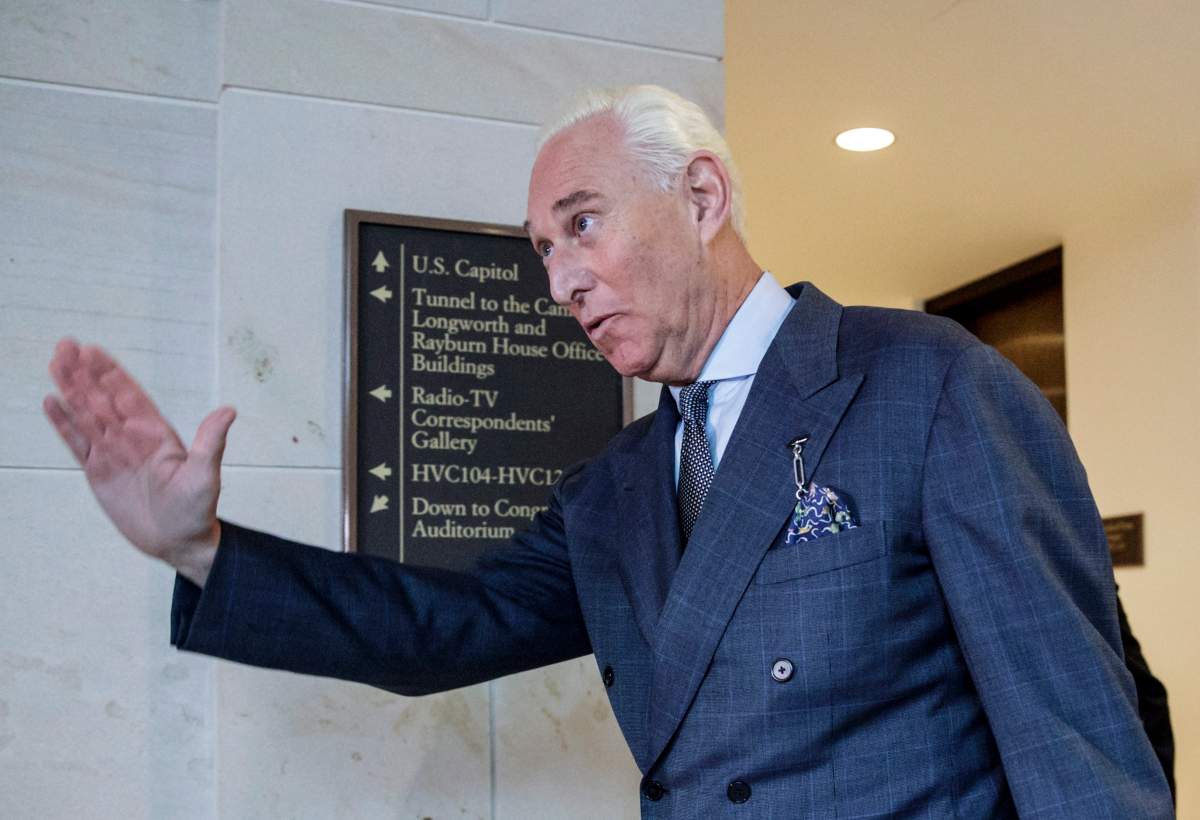 Roger Stone arrives to testify before the House Intelligence Committee, on Capitol Hill in Washington, Sept. 26, 2017.



