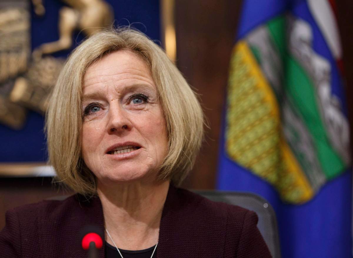Alberta Premier Rachel Notley speaks to cabinet members about an 8.7 percent oil production cut to help deal with low prices, in Edmonton on Monday December 3, 2018. 