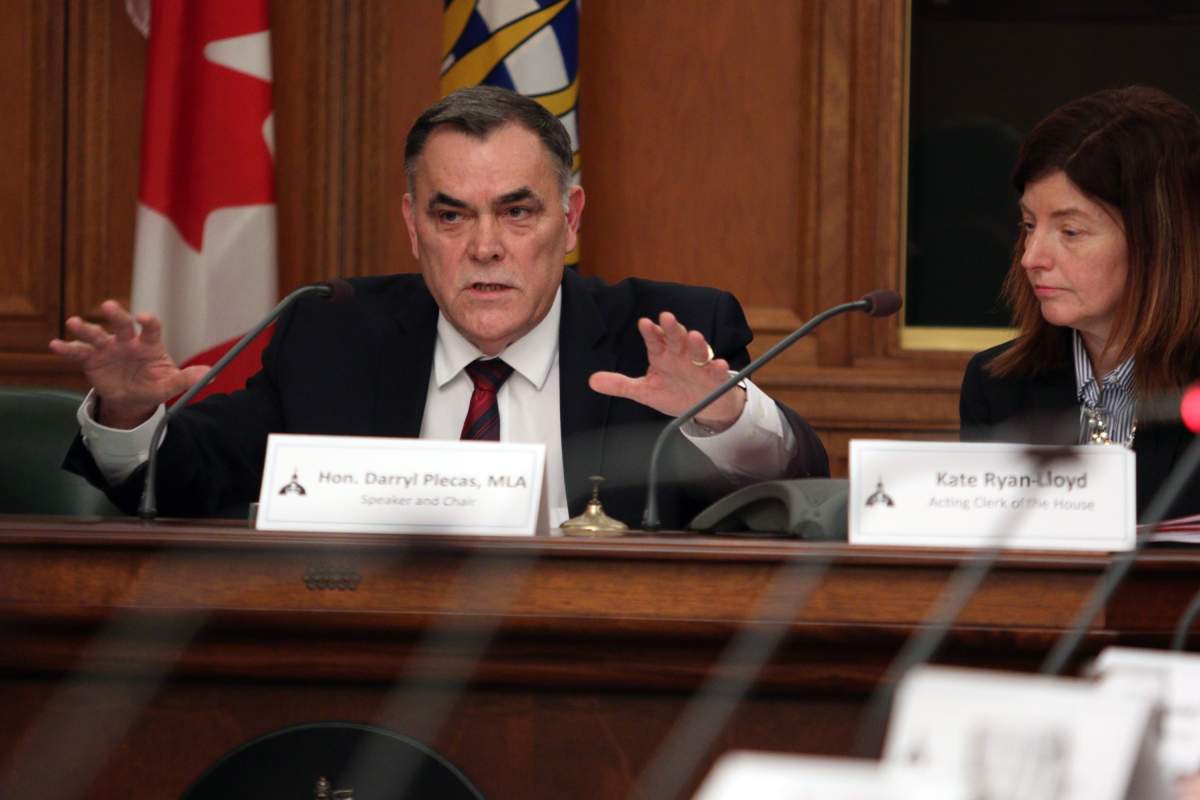 House Speaker Darryl Plecas answers questions from the opposition during a Legislative Assembly Management Committee meeting in the Douglas Fir room at Legislature in Victoria, B.C., on Thursday, December 6, 2018. THE CANADIAN PRESS/Chad Hipolito.