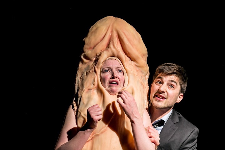 A scene from the play "Conversations Avec Mon Penis" is shown in this undated handout photo. Health inspectors who showed up at a recent Quebec City theatrical production took no issue with the actor centre stage in a giant penis costume. But after watching another actor light up a fake cigarette, they informed the general manager of the venue hosting the play it would be getting a $500 ticket for contravening Quebec's tough anti-smoking laws.