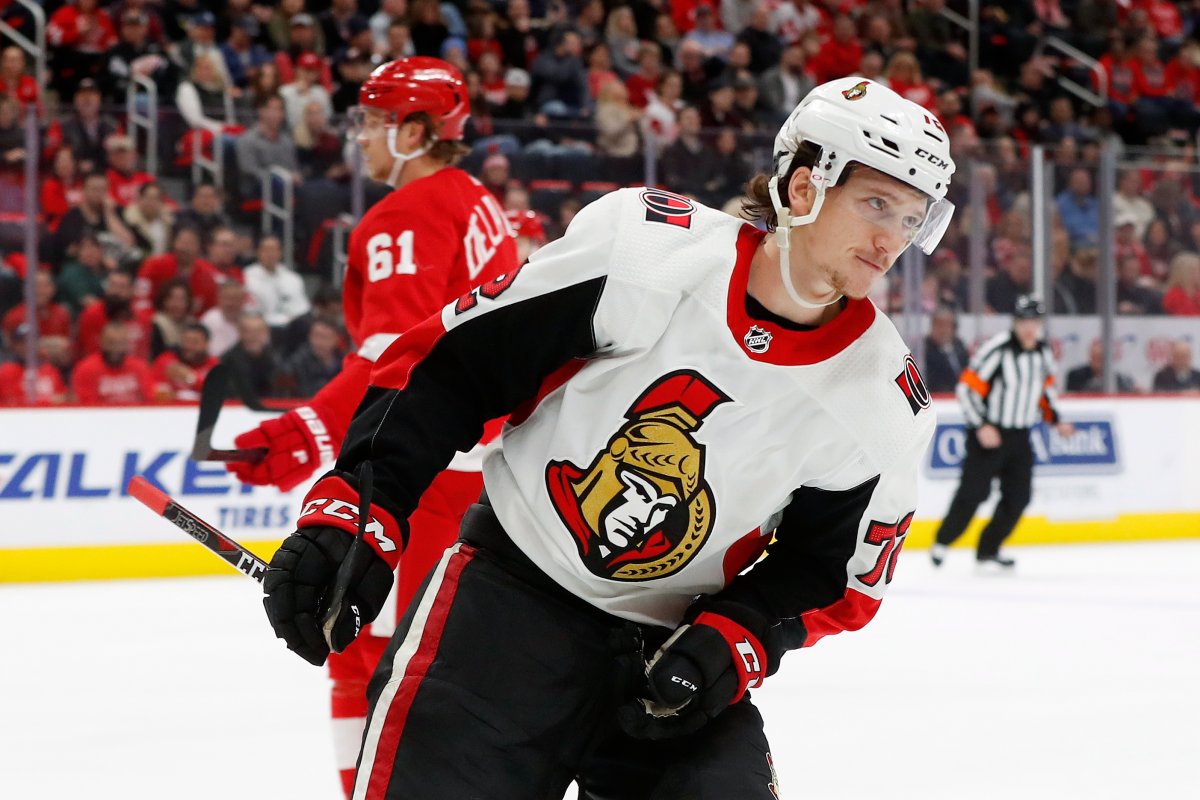 Ottawa Senators defenseman Thomas Chabot celebrates his goal against the Detroit Red Wings in the first period of an NHL hockey game Friday, Dec. 14, 2018, in Detroit.