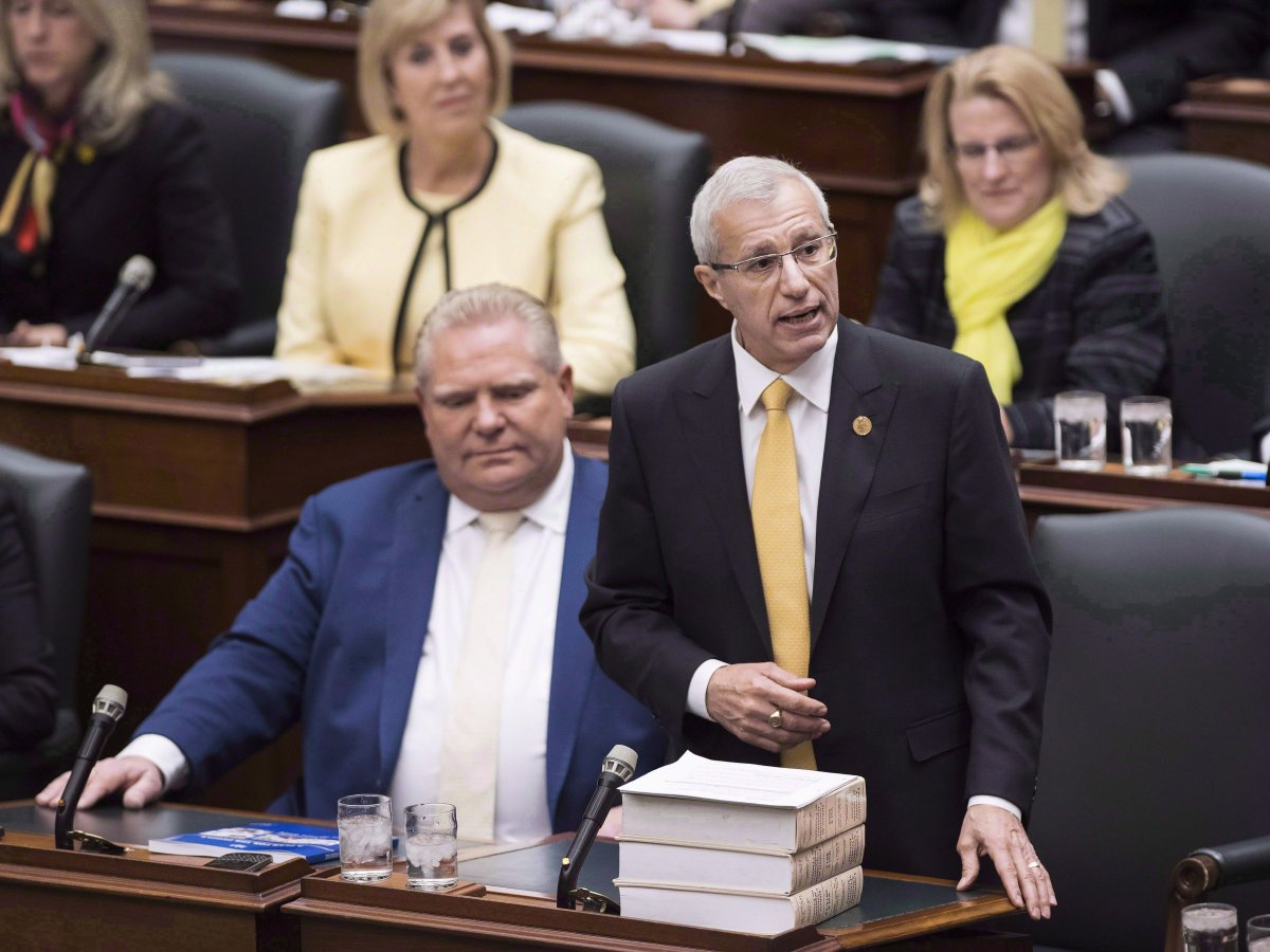 Ontario Finance Minister Vic Fedeli tables the government's Fall Economic Statement for 2018-2019 at Queen's Park in Toronto on Thursday, Nov. 15, 2018.