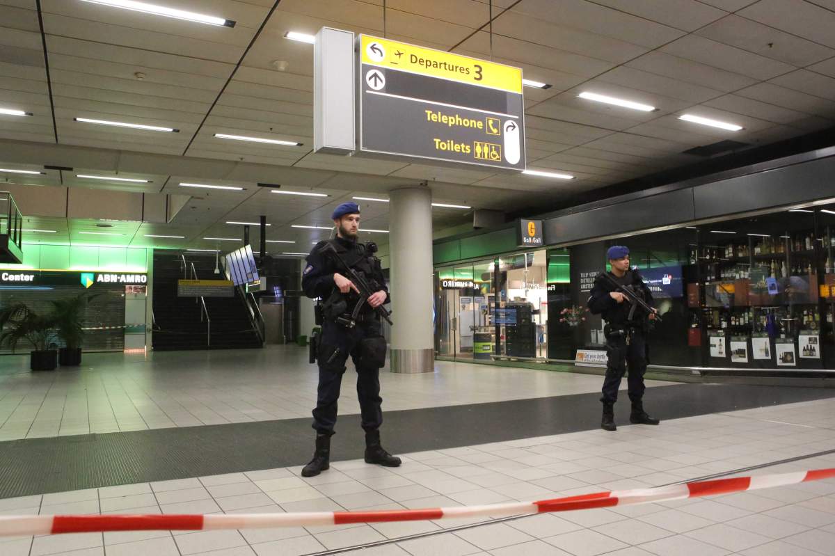 Military police secure Amsterdam Airport Schiphol on Dec. 31, 2018 following a bomb threat.


