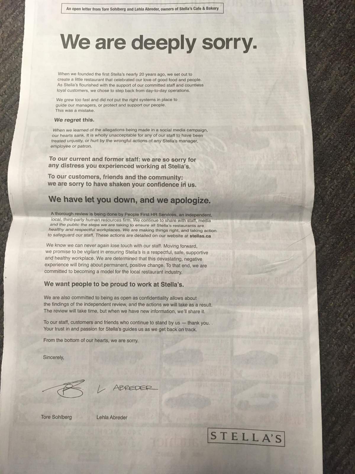 A full page open letter published Saturday morning in the Winnipeg Free Press.