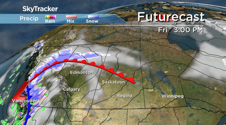 A significant system slamming against the coast will push a warm front through central Saskatchewan on Friday.