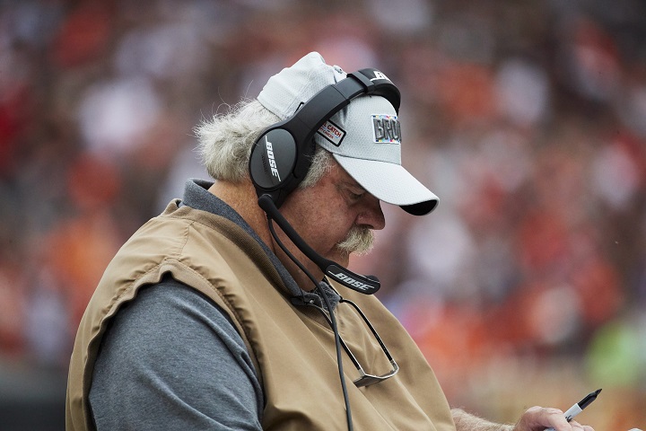 In this Oct. 10, 2018 file photo Cleveland Browns offensive line coach Bob Wylie stands on the sideline during an NFL football game against the Baltimore Ravens at First Energy Stadium in Cleveland. Wylie broke an ankle during practice and underwent surgery. A team spokesman said Wylie got hurt during a workout, Thursday, Dec. 20, 2018 as the Browns prepared to face the Cincinnati Bengals on Sunday.