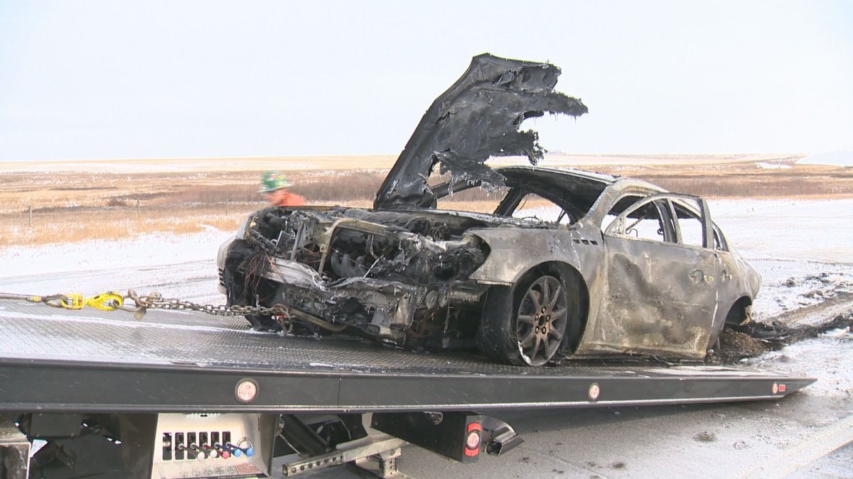 This car caught fire on Highway 11, just north of Regina, around 1 p.m. on Dec. 24.