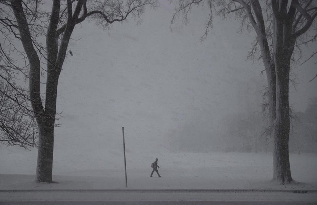 A pedestrian walks through blizzard-like conditions in Halifax as heavy snow, high winds and pounding surf hit most of Atlantic Canada on Tuesday, March 13, 2018.