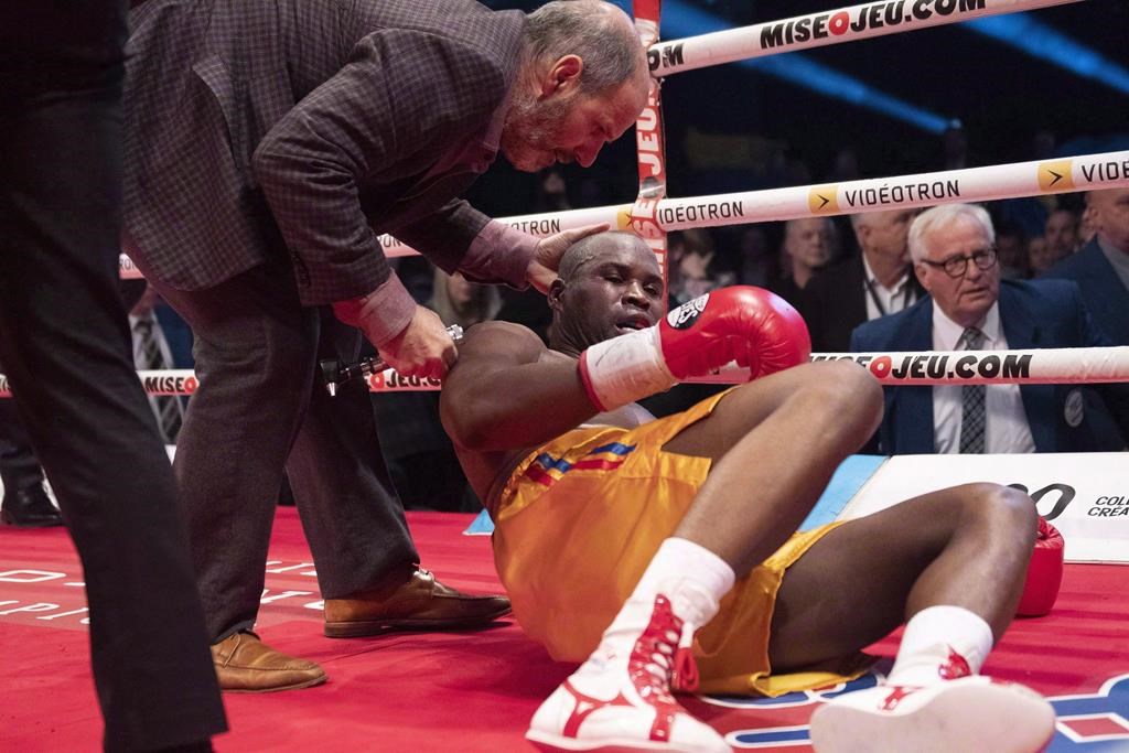 Ring doctor Marc Gagne, left, checks on Adonis Stevenson, of Montreal, after he was knocked out by Oleksandr Gvozdyk of Ukraine in their Light Heavyweight WBC championship fight, Saturday, December 1, 2018 in Quebec City.