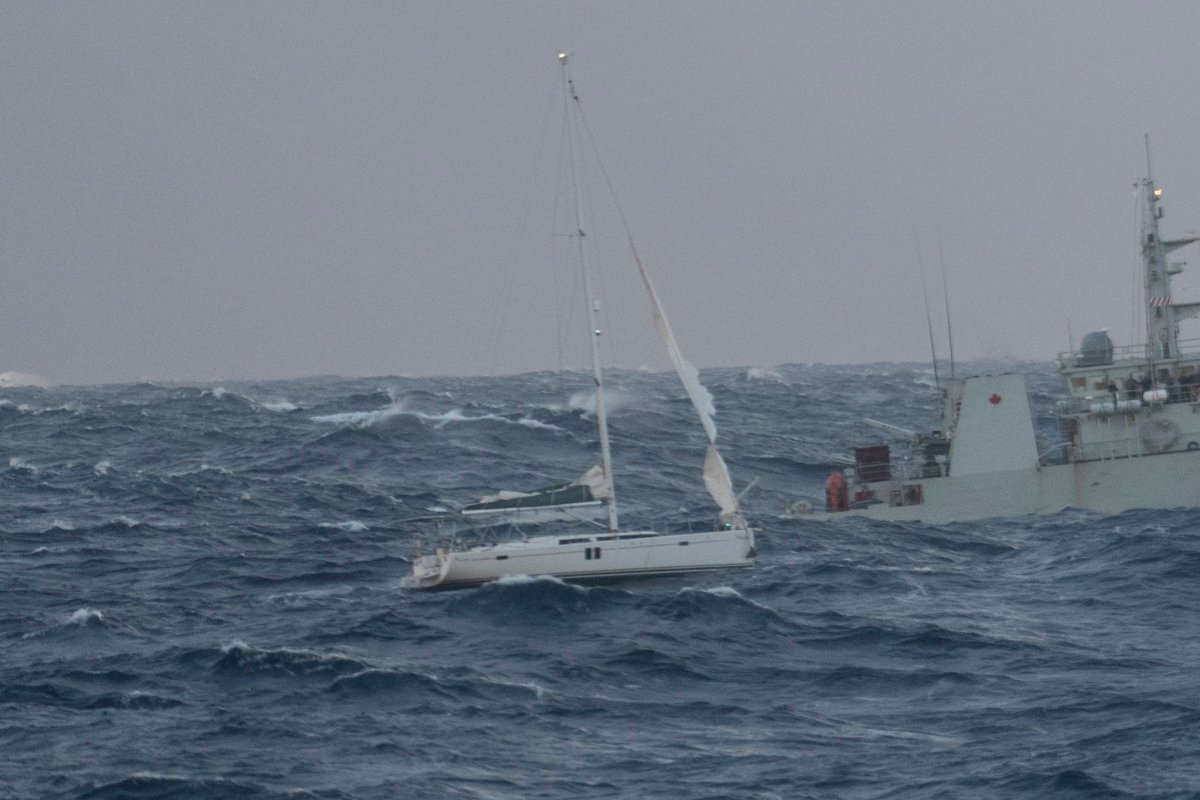 A photo of the damaged sailboat that four crew members were rescued from on Dec. 17, 2018.