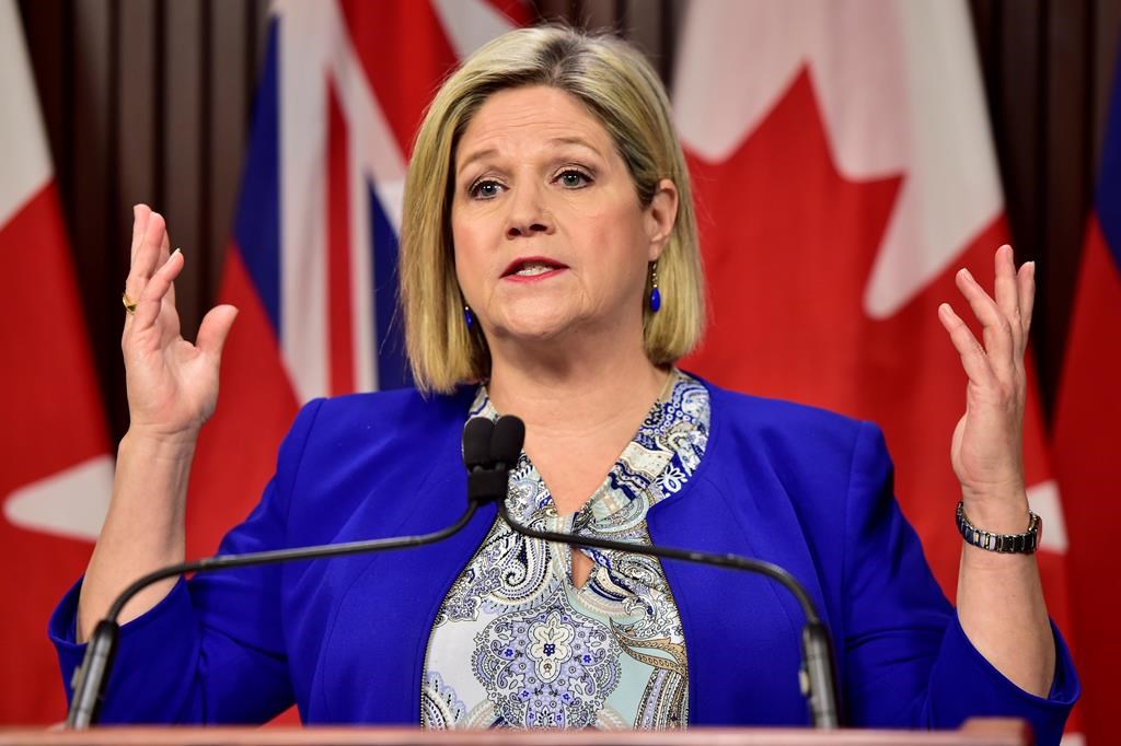 Ontario NDP Leader Andrea Horwath speaks during a press conference at Queen's Park in Toronto on Monday, Dec. 17, 2018. She will be visiting Peterborough on June 10 to discuss the growing opioid crisis in the city and Ontario.