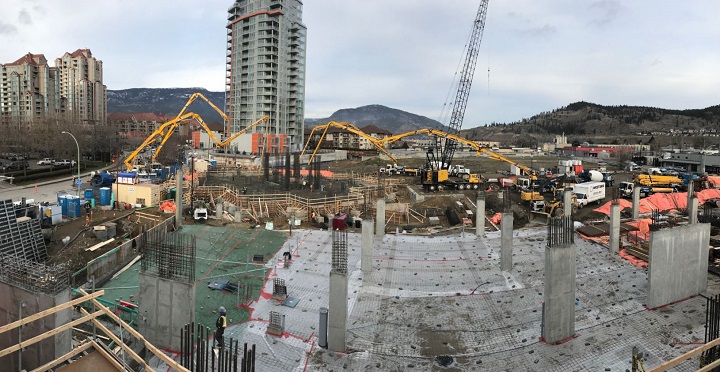 Concrete trucks have been busy shuttling in and out of Kelowna’s downtown core today, Wednesday, December 19th, 2018, as a new highrise begins to take shape.