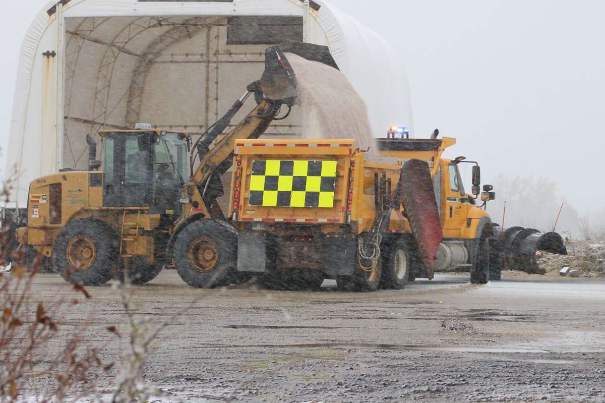 Manitoba highway crews load up with salt before heading out.