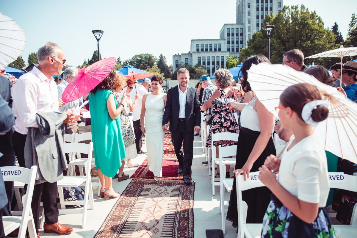 Mira Oreck and Stepan Vdovine's July 2018 wedding at Vancouver City Hall's Helena Gutteridge Plaza.