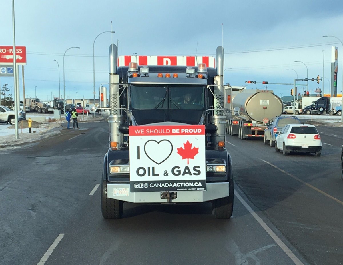 A truck in a pro-pipeline convoy through the Nisku industrial park, south of Edmonton, to show their support for Alberta's beleaguered energy industry on Wednesday, December 19, 2018. 