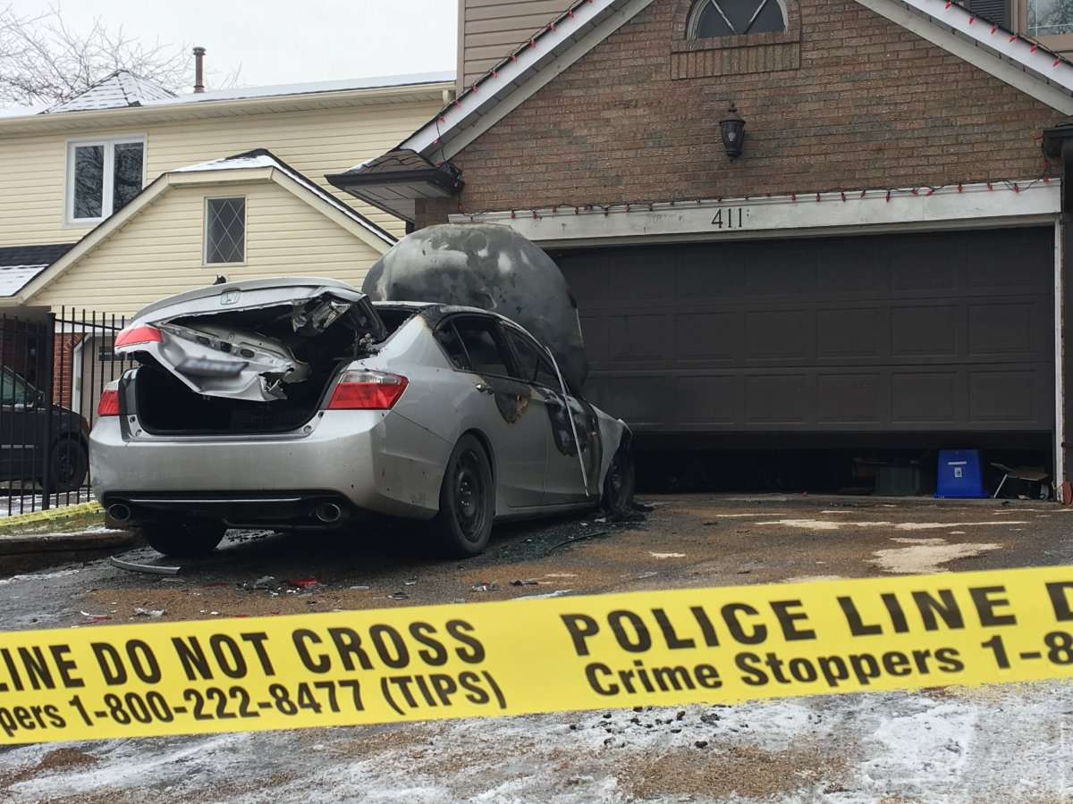 Durham police have taped off this Pickering, Ont., home after the car on the driveway went up in flames Monday morning, an incident Pickering fire crews are deeming suspicious. 
