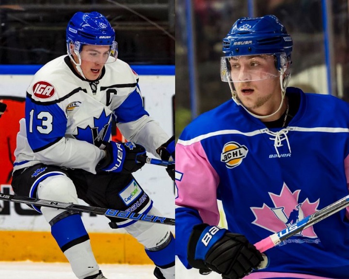Massimo Rizzo, left, and Mason Snell of the Penticton Vees are two of four players from the Okanagan who will play in the CJHL’s Prospects Game in Alberta next month.