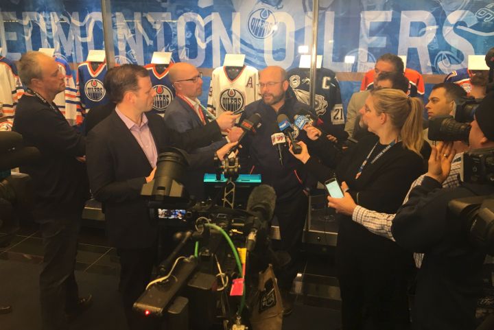Edmonton Oilers GM Peter Chiarelli speaks to reporters on Dec. 31, 2018.