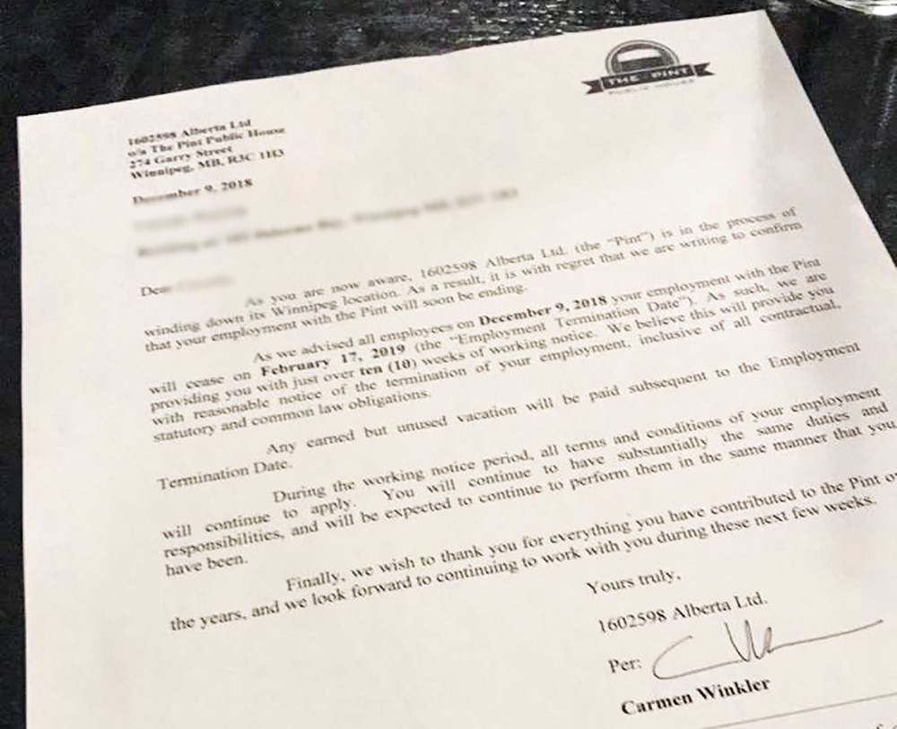 A letter sent to a Pint employee about the restaurant’s impending closure.