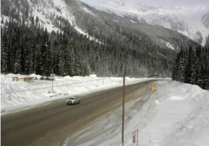 Environment Canada has issued several snowfall and winter storm warnings for B.C.’s north and central regions. The Rogers Pass section of the Trans-Canada Highway, seen here in a DriveBC webcam photo on Friday morning, is expected to see up to 30 centimetres of snow.