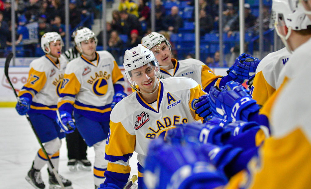 The Saskatoon Blades scored seconds into their game with Swift Current and never looked back, hammering the Broncos 9-3.
