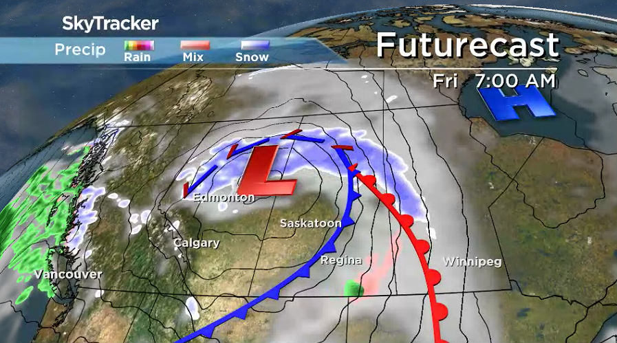 There is a decent chance of snow later on Friday as a low pressure system sweeps into Saskatchewan.