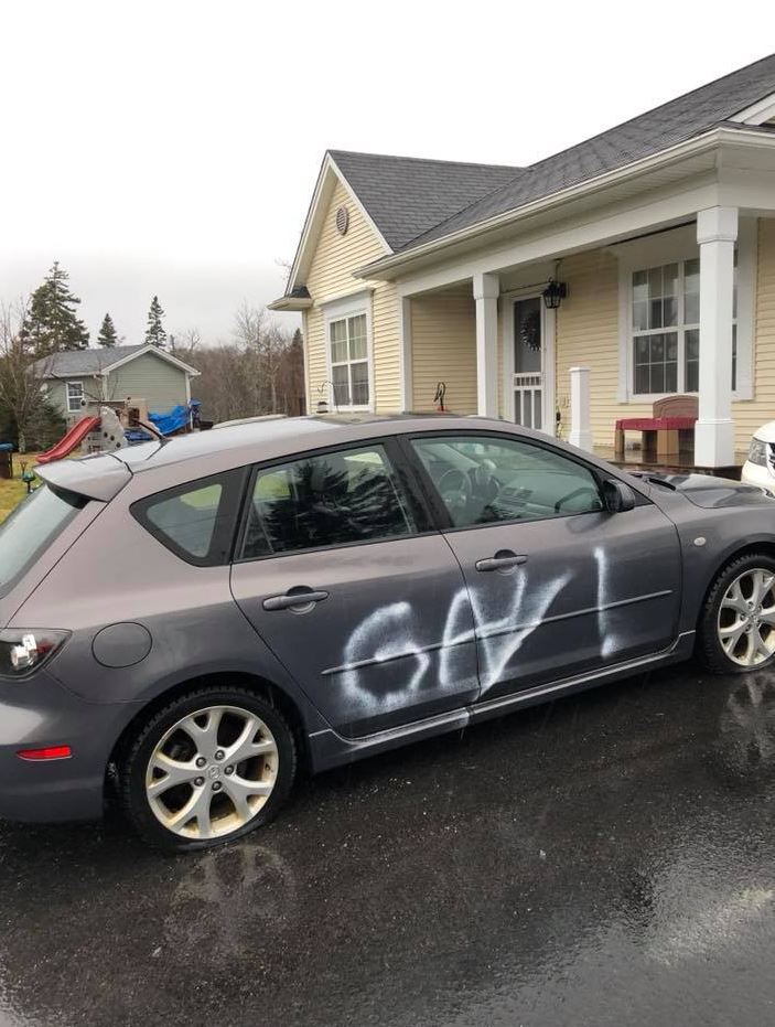 Rob Moore says his son woke up to find his vehicle vandalized with a homophobic slur on Saturday, Dec. 22, 2018. 