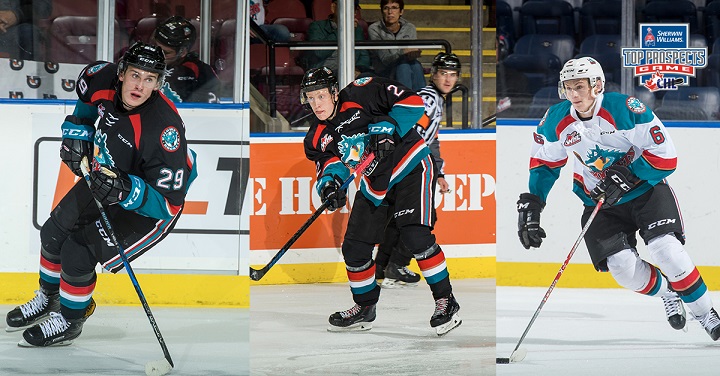 A trio of Kelowna Rockets – Nolan Foote, left, Lassi Thomson and Kaedan Korczak are ranked among the top North American Skaters heading into the NHL Entry Draft.