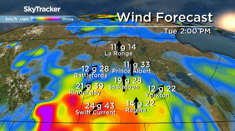 Warm southerly winds will be a bit breezy at times on Tuesday.