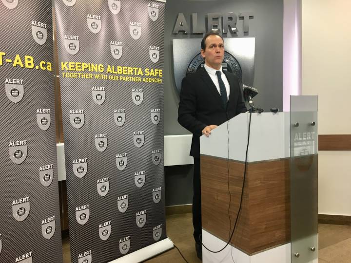 Staff Sgt. Stephen Camp, from the Alberta Law Enforcement Response Teams (ALERT) Internet Child Exploitation (ICE) Unit, speaking at a news conference in Edmonton, Alta. on Wednesday, December 5, 2018.