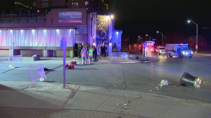 Debris were strewn outside of the bar following the collision.