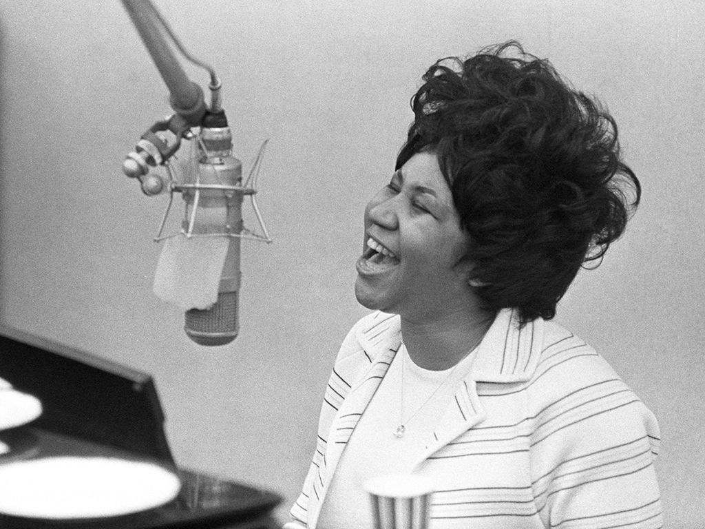 Aretha Franklin sings in the Atlantic Records studio on Jan. 9, 1969, in New York City.